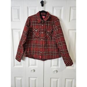 Dickies Womens Large Faded Spell Out Quilted Flannel Shirt Jacket Brown